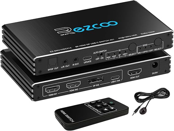 HDMI Switch 8K 4x1 USB C DP1.4 4-Port Switcher HDCP 2.3,ARC,VRR,CEC,HDMI Switcher 4 in 1 Out,IR Remote,3D,HDR 10 for QLED TV,PS5,Xbox,Fire Stick,Roku,Blu Ray,Projector