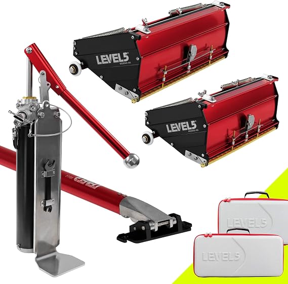 Flat Box Combo Set, MEGA Capacity + Extension Handle - LEVEL5 | Pro-Grade | 10/12" MEGA Flat Boxes, 40-62" Box Handle, Compound Pump + Filler | Sheetrock Wall-Board | 4-629