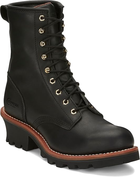 Chippewa Baldor 8" Steel Toe Logger Boots for Men, Black Oiled, 11 | Vibram Outsole, Leather Upper Logging Boots, Slip Resistant Shoe, Removable Orthotic & Wide Insole, Steel Toe Cap