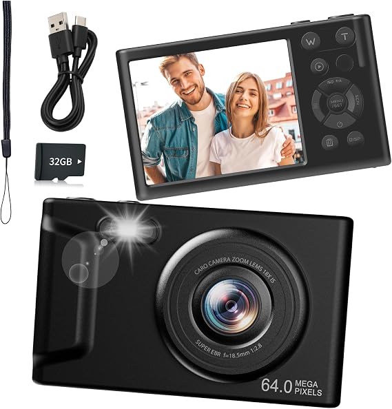 Digital Camera, FHD 4K Camera with 32GB Card, Lanyard, 16X Zoom Anti Shake, 64MP Compact Portable Small Point Shoot Camera Gift for Student Children Teen (White Grey)