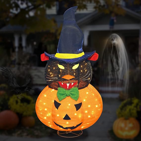 Lighted Halloween Decoration Pre-lit Light Up Black Cat and Jack O Lantern Pumpkin Witch Hat Collapsible Waterproof Holiday Decor for Home Indoor Outdoor, Party Lawn Garden Patio Yard Pathway