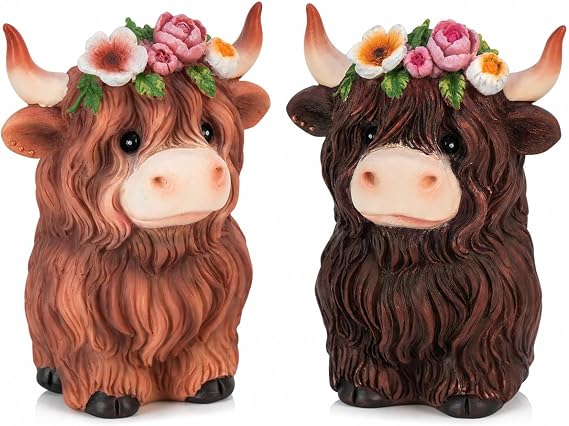 Highland Cow Decor 2Pcs, Fall Decorations Highland Cow Figurines with Flower Crown, Scottish Gifts for Farmhouse Shelf Bathroom Kitchen Autumn Decor