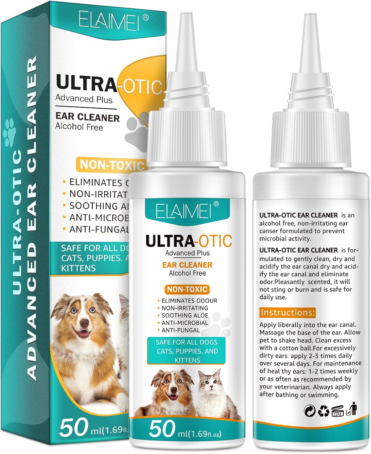Ear Cleaner for Dogs and Cats 2x50ml, Ear Drops Dog & Cat for Infection Antibiotics, Ear Care,Ear Mite Treatment, Ear Infection Treatment for Itchy Ear Relief Soothe Ear Inflammation,Removes Wax Odor