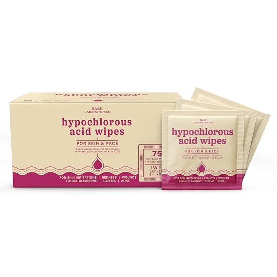 BASE LABORATORIES Hypochlorous Acid Wipes for Face & Skin, Facial Cleansing | 75 HOCl Cleansing Wipes, Face Wipes, Skin Sanitizing, Wound Care Cloths, Daily Skin Pads