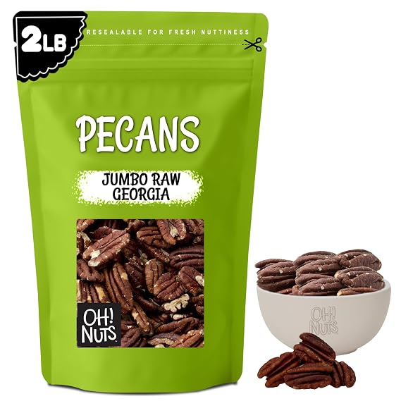 Oh! Nuts Pecans Halves & Wholes - Raw - 100% Natural - 2 lb - Raw Georgia Pecans - Packed in New York Zip-Seal Bag for Exceptional Freshness