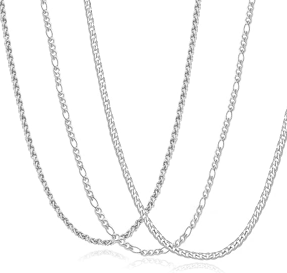 JEMARA 3 PCS Mens Silver Chains,Sturdy Curb Thin 3mm Cuban Link Chain/Figaro Chain/Wheat Link Chain Sets,18/20/22 inches Stainless Steel Silver Chain Necklace for Men,Mens Jewelry Gifts
