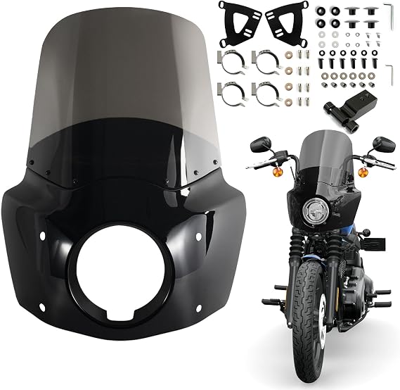 Motorcycle 5.75" Headlight Fairing with 15" Smoke Windshield Windscreen Headlight Extension Block 48-58mm Mounting Kits for Harley 2018 2019 2020 2021 2022 2023 Softail FXBB Street Bob
