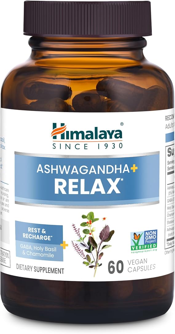 Himalaya Ashwagandha+ Relax, with GABA, Holy Basil & Chamomile for Reset, Relaxation & Stress Relief, Vegan, Gluten Free, 540 mg, 60 Vegetarian Capsules, 1 Month Supply | Herbal Supplement with GABA, Holy Basil & Chamomile for Relaxation & Stress Relief - Vegan, Gluten Free, 1 Month Supply