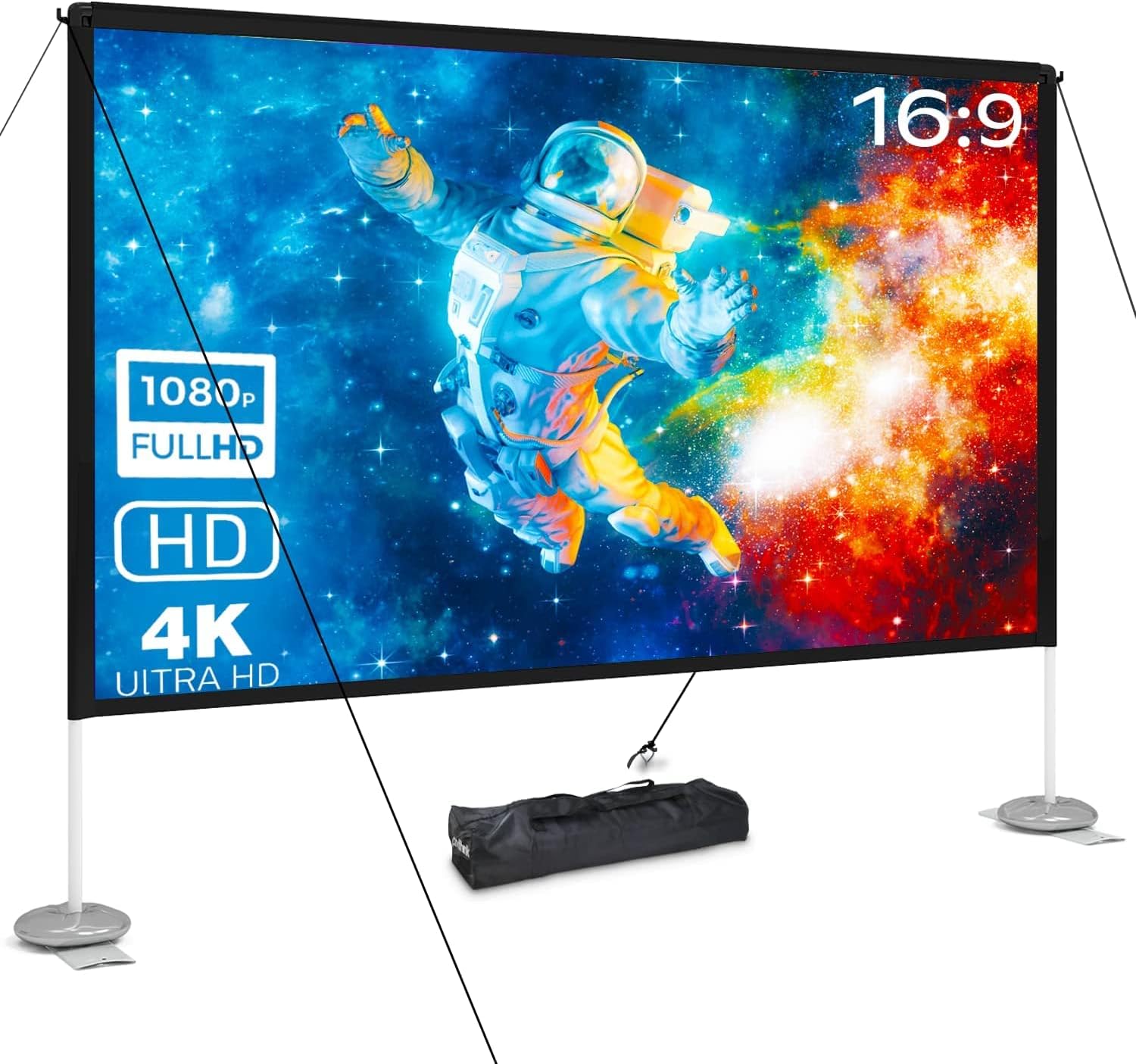 Projector Screen and Stand 120 inch 16:9 4K HD Rear Front Foldable Projection Screen with Carry Bag for Home Theatre, Office, Indoor or Outdoor Using, Pixthink Projector Screen with Stand