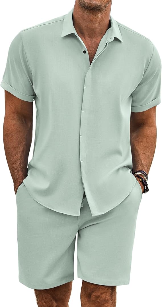 COOFANDY Men's Summer Beach Outfits 2 Piece Short Sleeve Shirts and Shorts Vacation Texture Linen Sets for Men