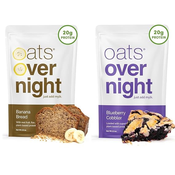 Oats Overnight Banana Bread 8 Pack & Blueberry Cobbler 8 Pack - Vegan, 20g Protein, High Fiber Breakfast Shake - Gluten Free, Non GMO Oatmeal