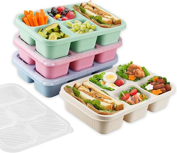 4 Pcs Snack Box with Compartments, 5-Compartment Bento Lunch Box Snack Boxes for Kids and Adults with Transparent Lid for School Work Travel Picnics (Beige/Blue/Pink/Green)