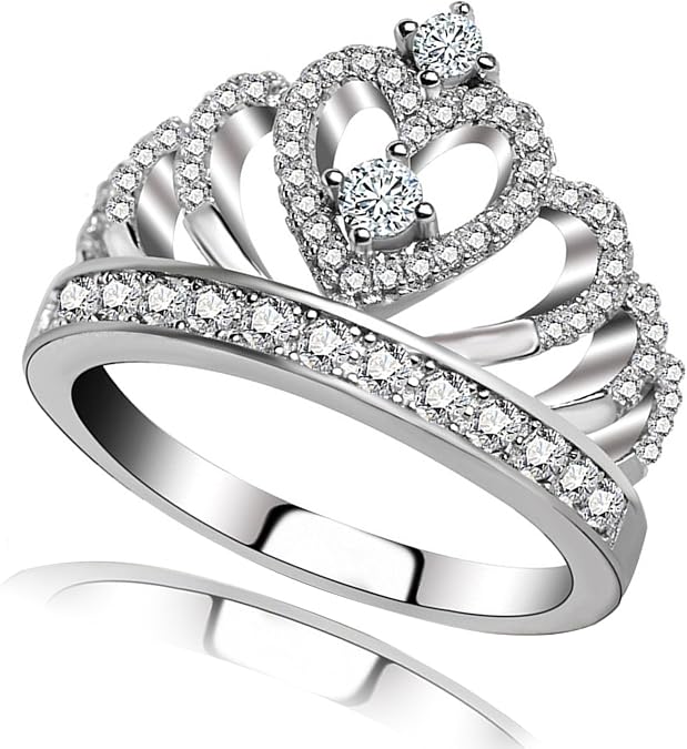 CCBFY Princess Queen Crown Rings for Women Eternity Heart-Shaped Promise Ring Zircon Jewelry