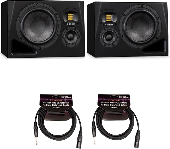 Adam Audio A8H Powered 3-Way Studio Monitor (Left and Right) Bundle with 10-Feet Cables (2-Pack) (4 Items)
