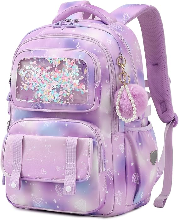 Sisipoet School Backpack Girls Teenagers 8-16 Years Cute Gradient Backpack with Multi Pockets & Decoration Waterproof School Bag Girls 5th Class School Bag for School & Travel Purple Designer