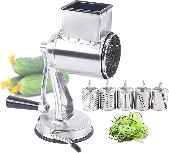 Rotary Cheese Grater Hand Crank, Stainless Steel Vegetable Cheese Shredder with 5 Blades, Kitchen Slicer Grater for Fruit, Nuts, Chocolate, Potato, Carrot