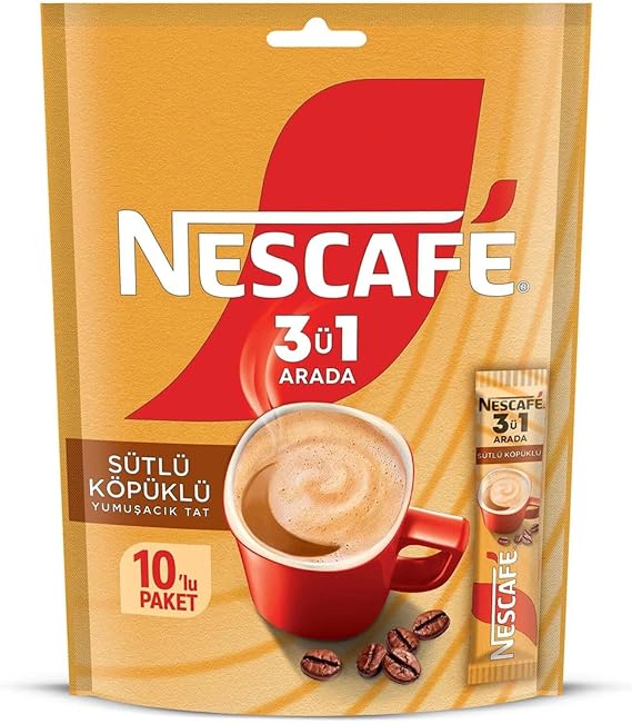 Nescafé 3'ü 1 Arada Sütlü Köpüklü Çözünebilir Kahve Karışımı 10'lu, 17,4 g