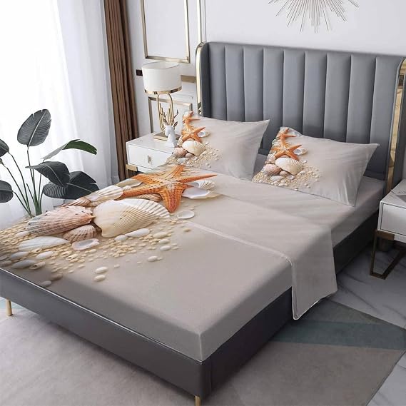 Twin Sheets Set - Beach Theme Bed Sheets, Starfish Seashell Bedding Sheets & Pillowcases, Soft Microfiber & Deep Pocket & Wrinkle Free Patterned Sheet Set, 1 Fitted Sheet, 1 Flat Sheet, 1 Pillow Case
