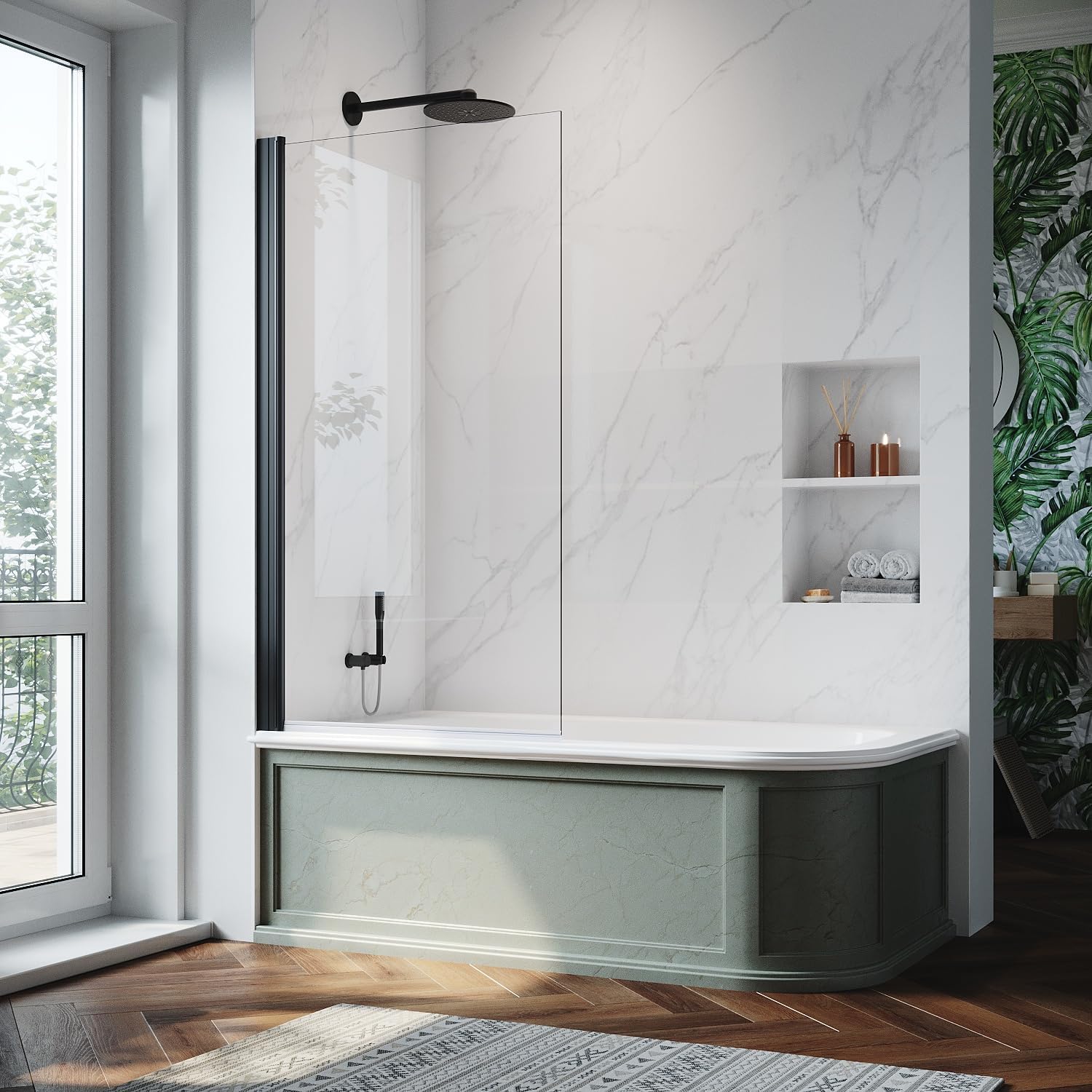 800 x 1400mm Black Pivot Bath Screen 6mm Toughened Glass Shower Screen Hinged Door with 90° in & Out Pivot & Lift System Reversible Installation