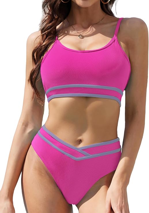 Women's High Waisted Bikini Sets Sporty 2 Piece Swimsuit High Cut Ribbed Bathing Suit Rose