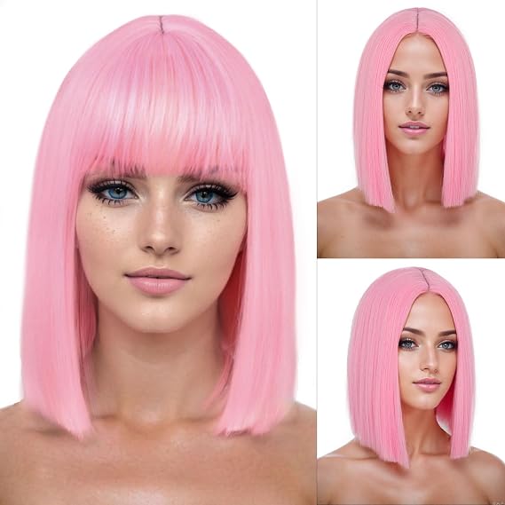 Pink Bob Wig With Bangs Short Pink Bob Wigs for Women Straight Bob Middle Part Wig 12Inch Heat Resistant Synthetic Hair Natural Looking For Daily Party Use