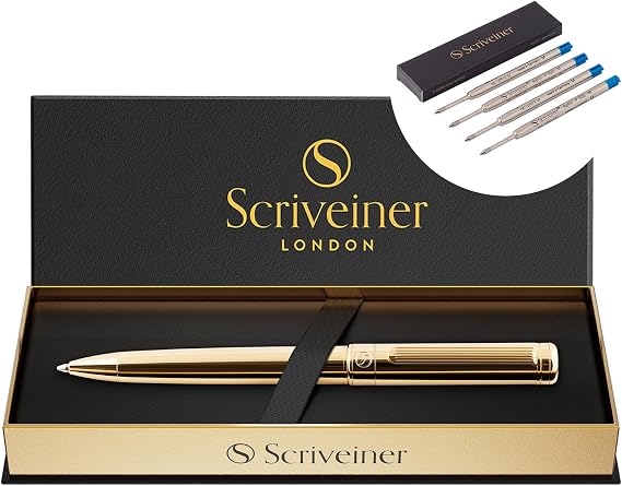 Scriveiner Gold Ballpoint Pen - Stunning Luxury Pen, Real Gold Plating, bundle Ballpoint Refill Blue Medium - 4 Refills in one box