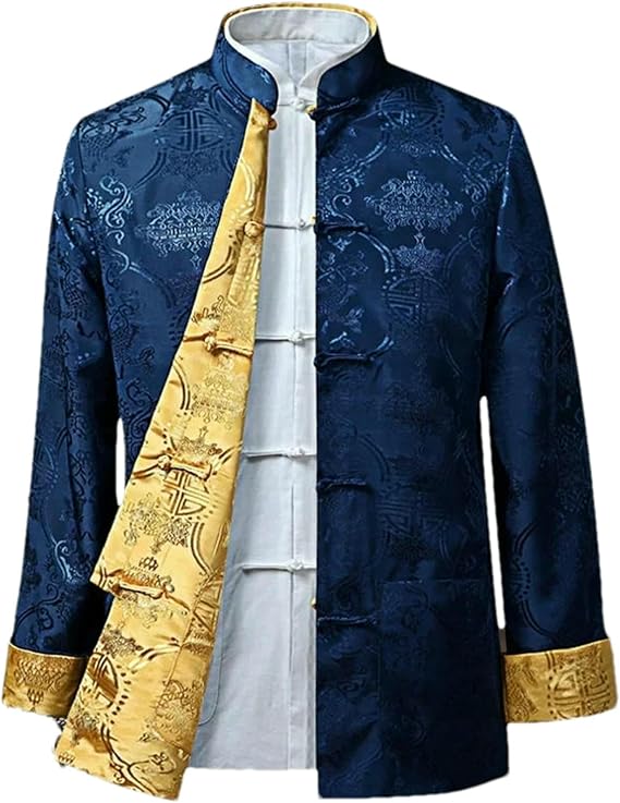 Mens Reversible Chinese Kung Fu Tang Suit Jacket Shirt Brocade Long Sleeve men Mandarin Collar Coat Wedding Festival
