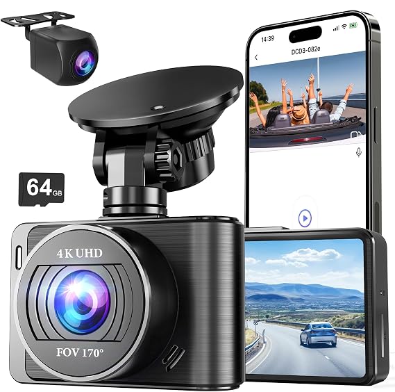 Dash Camera, 4K/1080p Dash Camera Front and Rear, Built-in 5GWiFi, Dash Cam with 64GB SD Card, Full HD 2.0 IPS Screen, for App Control, G-Sensor, Loop Recording, and Parking Mode
