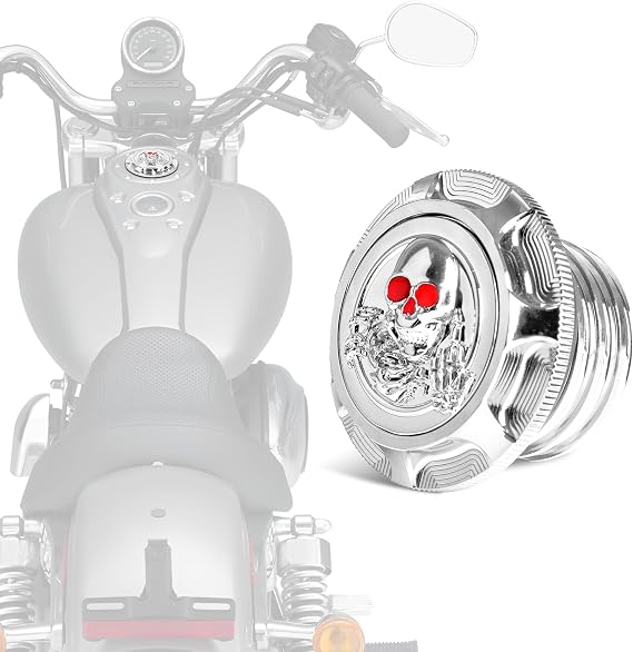 Motorcycle Gas Tank Cap Fit for Harley Sportster 1200 883, Softail, Road King, Iron 883 1200, Freewheeler, Forty Eight, Fat Boy, Dyna | Skull Pattern Fuel Tank Cove (Chrome Red)