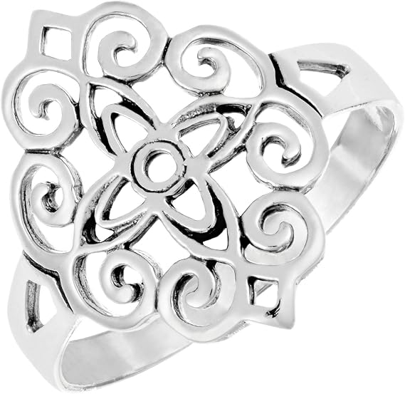 Silverly Women's .925 Sterling Silver Celtic Diamond Shaped Swirl Pattern Filigree Ring