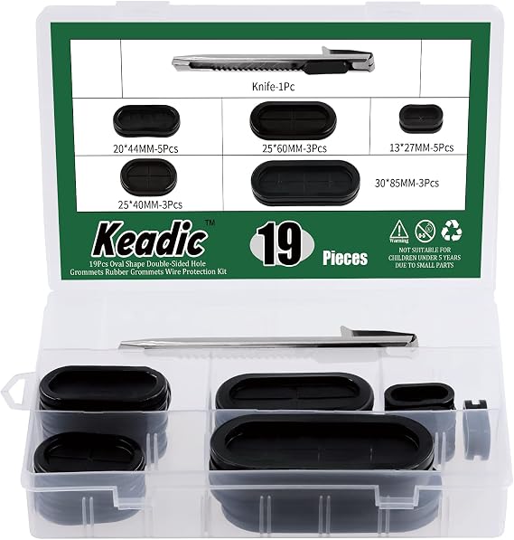 Keadic 19Pcs 5 Sizes Oval Double-Sided Rubber Grommet Set with Knife, Closed Hole Plug Firewall Grommets Gasket Electrical Appliance Grommet Wire Protection for Vehicle Plumbing Automobile