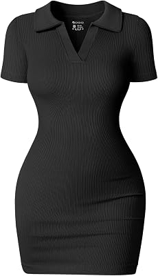 OQQ Womens Mini Dresses Sexy Ribbed Short Sleeve Tummy Control Bodycon Mini Dress