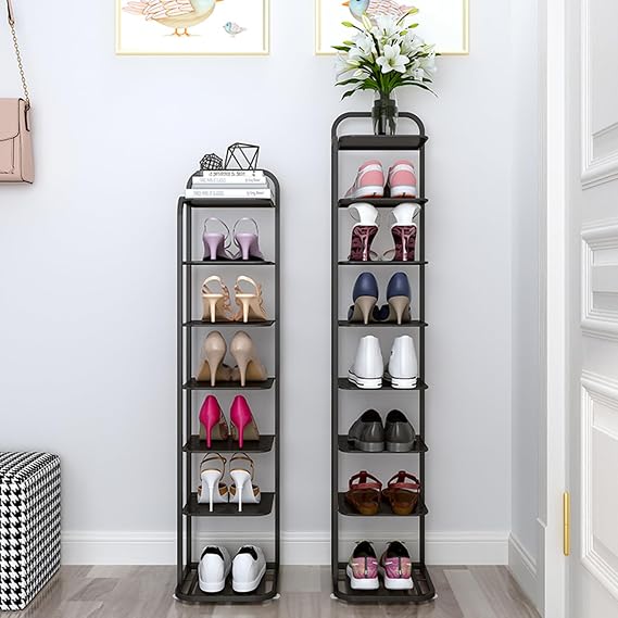 5-10 Tier Tall Narrow Shoe Rack for Closet, Metal Corner Shoe Shelf Tower, Free Standing Vertical Shoe Shelf Cabinet for Entryway, Bedroom, Floor,Black,6 Layer