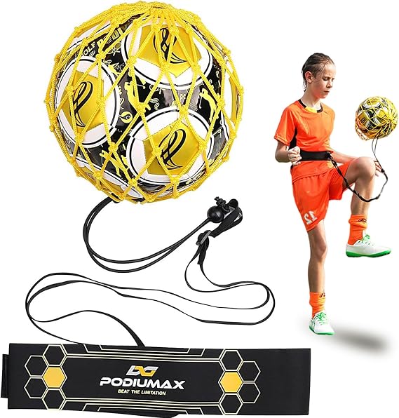 PodiuMax Hands-Free Soccer Kick/Throw Trainer, New Ball Locked Net Design, Adjustable Waist Belt & Cord Suit for All Levels (Fits Ball Size 3, 4, 5)