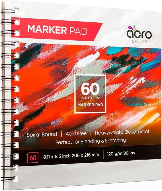 Marker Pad | Spiral Sketchbook with Thick Bleedproof Smooth Coated Art Paper, 120 GSM 80 LBS | Sketching, Coloring, Lettering, Drawing Pad for Pigment & Alcohol Markers | 8.11 x 8.5 Inch, 60 Sheets