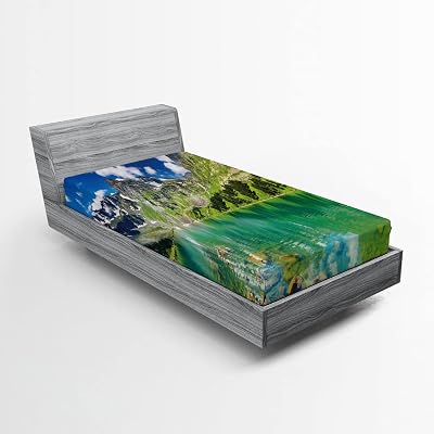 Lunarable Nature Fitted Sheet, Mountain Range with a Creek Lake Highland Rocky Hills Idyllic Landscape, Bed Cover with All-Round Elastic Deep Pocket for Comfort, Twin XL Size, Fern Green Grey Blue