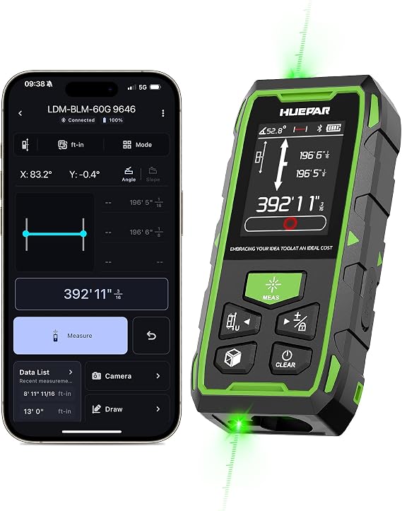 Huepar 2026 Upgraded Dual Laser Measuring Tool 395Ft, Phone App, Green Beam | USB-C, Pro Two-way Laser Distance Meter with HUEPAR Bluetooth App, Angle Sensor, Magnetic Back Metro Laser Measurement Tool