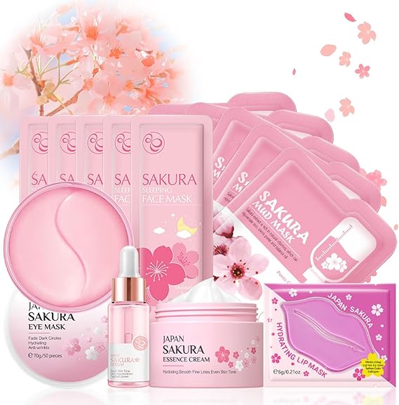 Sakura Skin Care Sets &amp; Kits, Girlsfriend Gifts, Pamper Gifts for Women with Serum,Cream,Sleep Mask,Eye Mask- Pamper Set for Teen,Girls,Women,Mom | Birthday, Travel Skincare Set（14PCS）