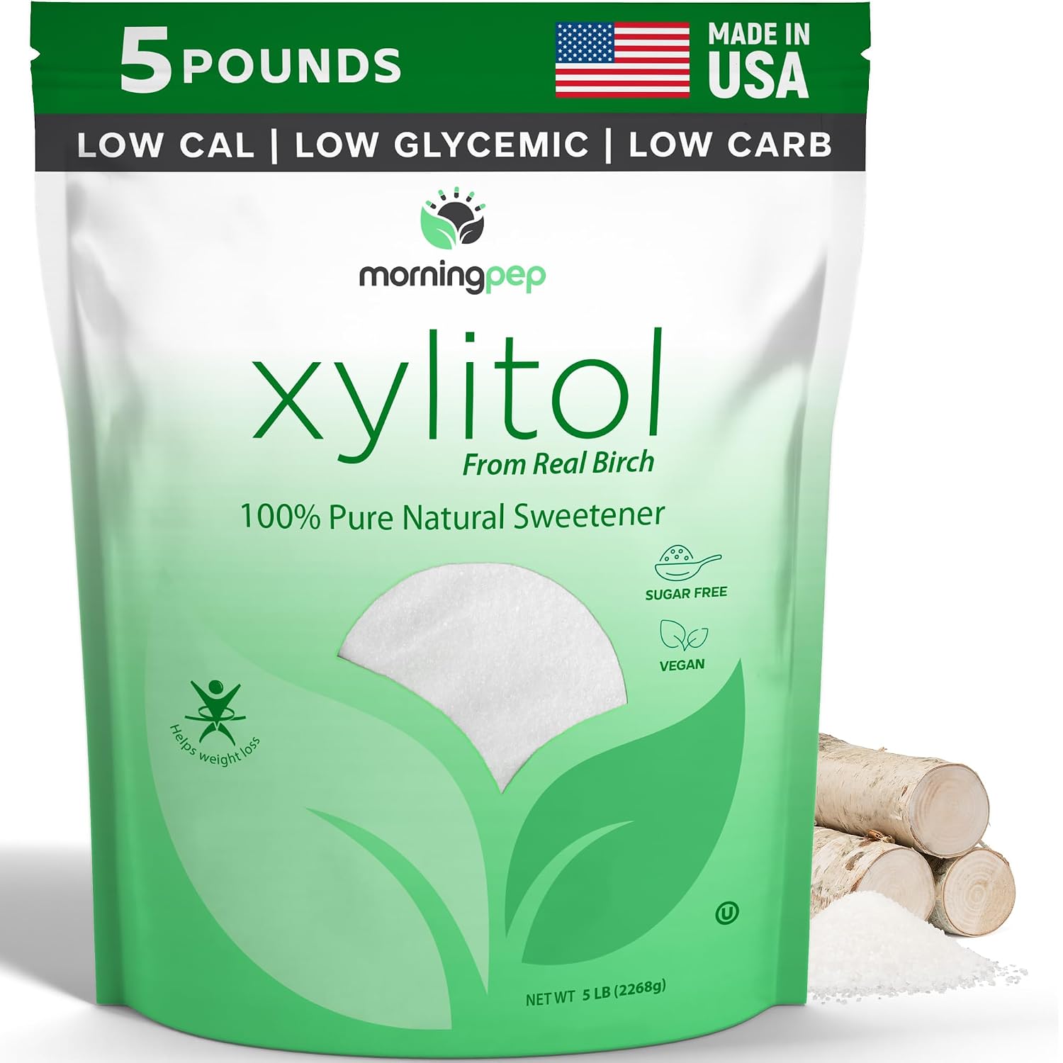 Morning Pep Pure Birch Xylitol Keto Diet Friendly Sweetener with no Aftertaste 5 LBs Not from Corn Non GMO Kosher Gluten Free Product of USA. 80 Onces