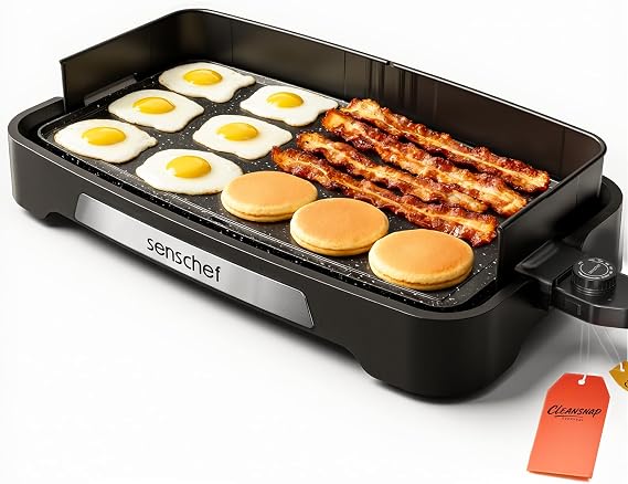 Cleansnap Everyday Electric Griddle, 20 Nonstick Grill with Foldable Anti-Mess Shield, 1700W Fast Heating, ILAG Ultimate Coating, Dishwasher-Safe Removable Plate, Midnight Black