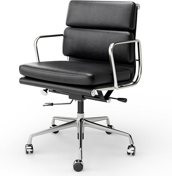 Genuine Leather Office Chair, Padded Mid Back Ergonomic Executive Desk Chair with Aluminum Arm Rest and Base, Swivel Wheels with Lumbar Support & Tilting Function, Hight Adjustable, Black