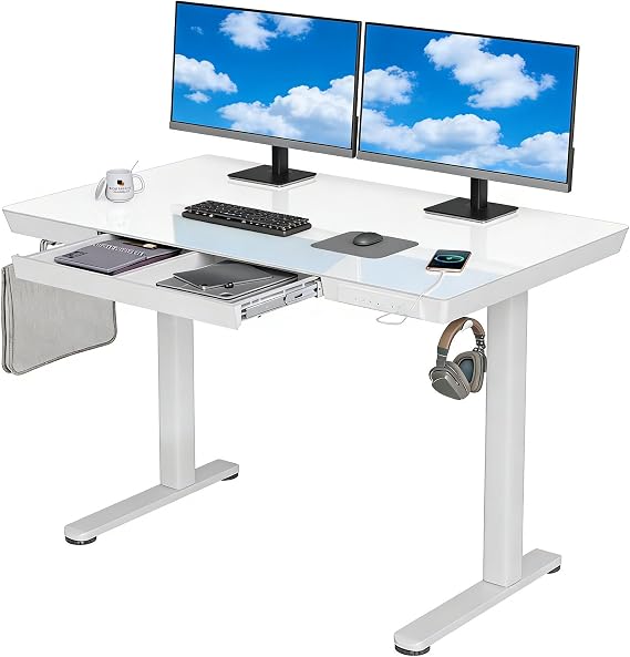 INNOVAR Electric Standing Desk, 120 x 60cm One-Piece Glasstop Stand Up Desk with Drawer & 2 Charging Ports, 4 Memory Height Adjustable Desk for Home Office,White