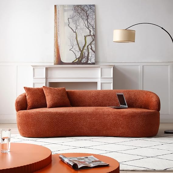 JUSTONE Mid Century Modern Curved Living Room Sofa, 3-Seat Boucle Fabric Couch for Bedroom, Office, Apartment,Orange