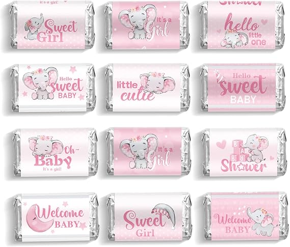 90 Pcs Elephant Theme Baby Shower Candy Wrappers Mini Candy Bar Miniatures Wrappers Chocolate Bar Label Stickers for Gender Reveal Sprinkle Birthday Boy Girl Baby Shower Decoration(Pink)