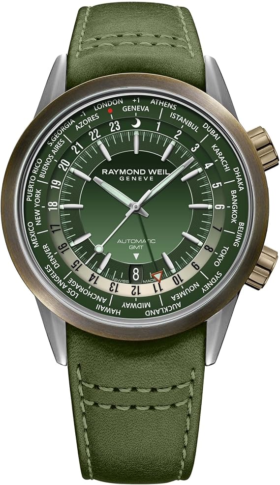 RAYMOND WEIL Freelancer GMT Worldtimer Men's Watch, 24 Cities and Time Zones, Green Dial, Indexes, Green Leather Watch, 41mm (Model: 2765-SBC-52001)