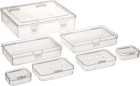 Goodma 7 Pieces Mixed Sizes Rectangular Clear Plastic Storage Box | Empty Mini Containers, Hinged Lids, For Small Items, Craft Projects