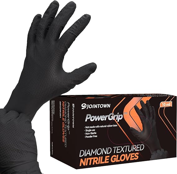 Jointown Upgraded 10 Mil Heavy Duty Nitrile Gloves, Mechanic Gloves Nitrile Disposable, with Raised Diamond Texture