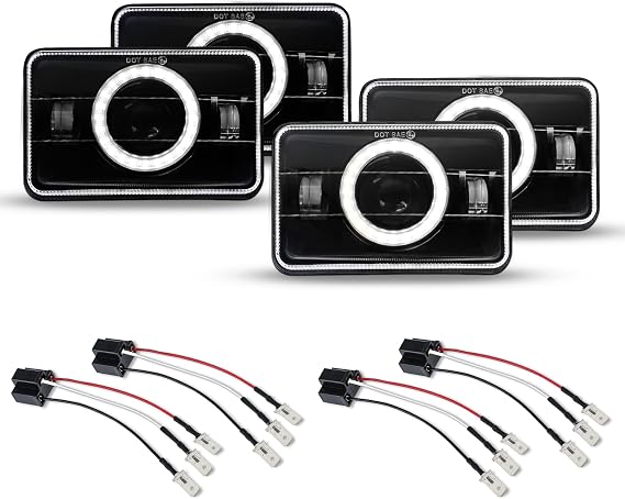 4Pcs 4x6 LED Headlights DOT Approved with White Halo DRL+4Pack H4 9003 HB2 Wiring Harness Sockets