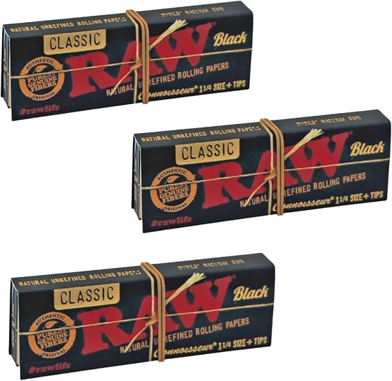 RAW Black Classic Connoisseur Rolling Papers, 1 1/4 Size, Slim Regular Sell By Fenny's Creations (3 Pack)