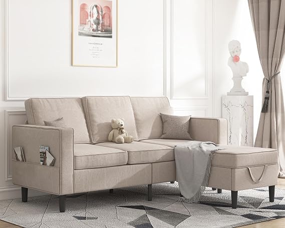 Mjkone Convertible Sectional Sofa Couch, 3-Seat L-Shaped Sofa with Storage Ottoman, Wooden Couch Legs Modern Linen Fabric Reversible Chaise for Living Room, Studio, Apartment - Beige